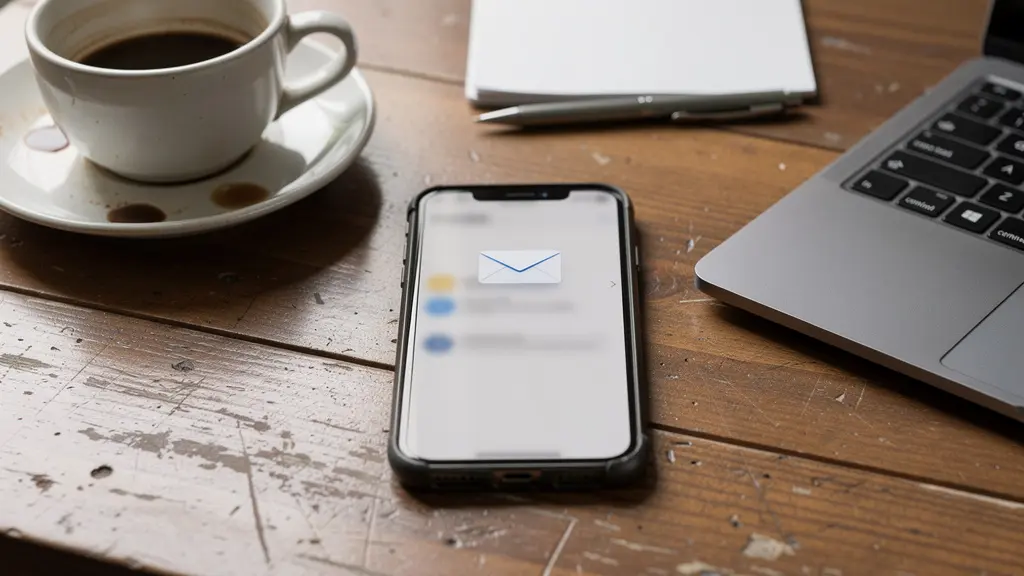 Smartphone affichant une notification email de relance sur un bureau professionnel