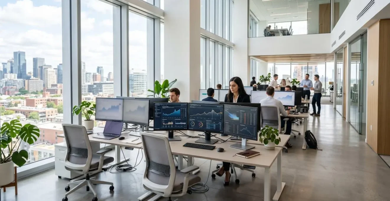 Bureau contemporain lumineux avec plusieurs écrans affichant des tableaux de bord financiers et des graphiques de gestion