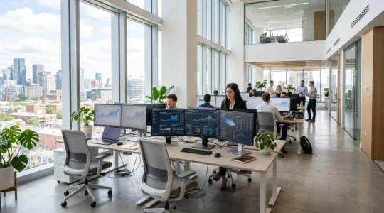 Bureau contemporain lumineux avec plusieurs écrans affichant des tableaux de bord financiers et des graphiques de gestion