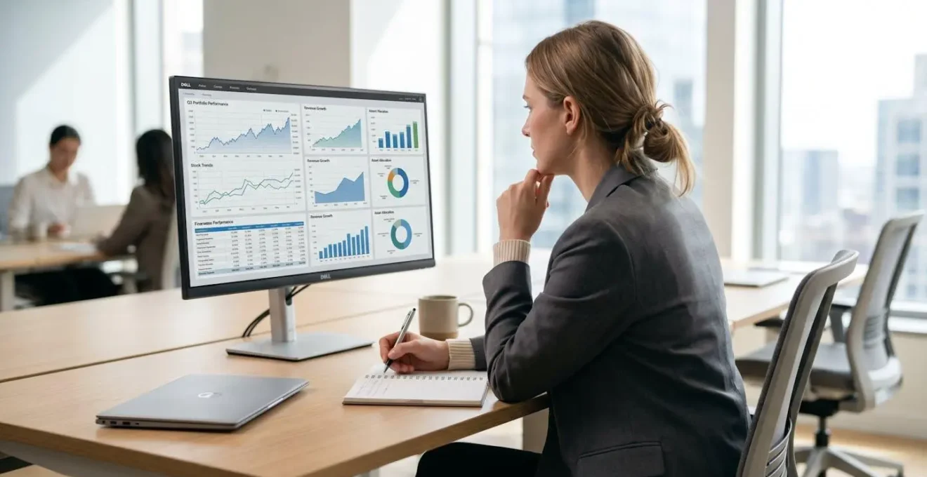 Vue de dos d'une professionnelle analysant des graphiques financiers affichés sur un écran dans un bureau lumineux et moderne