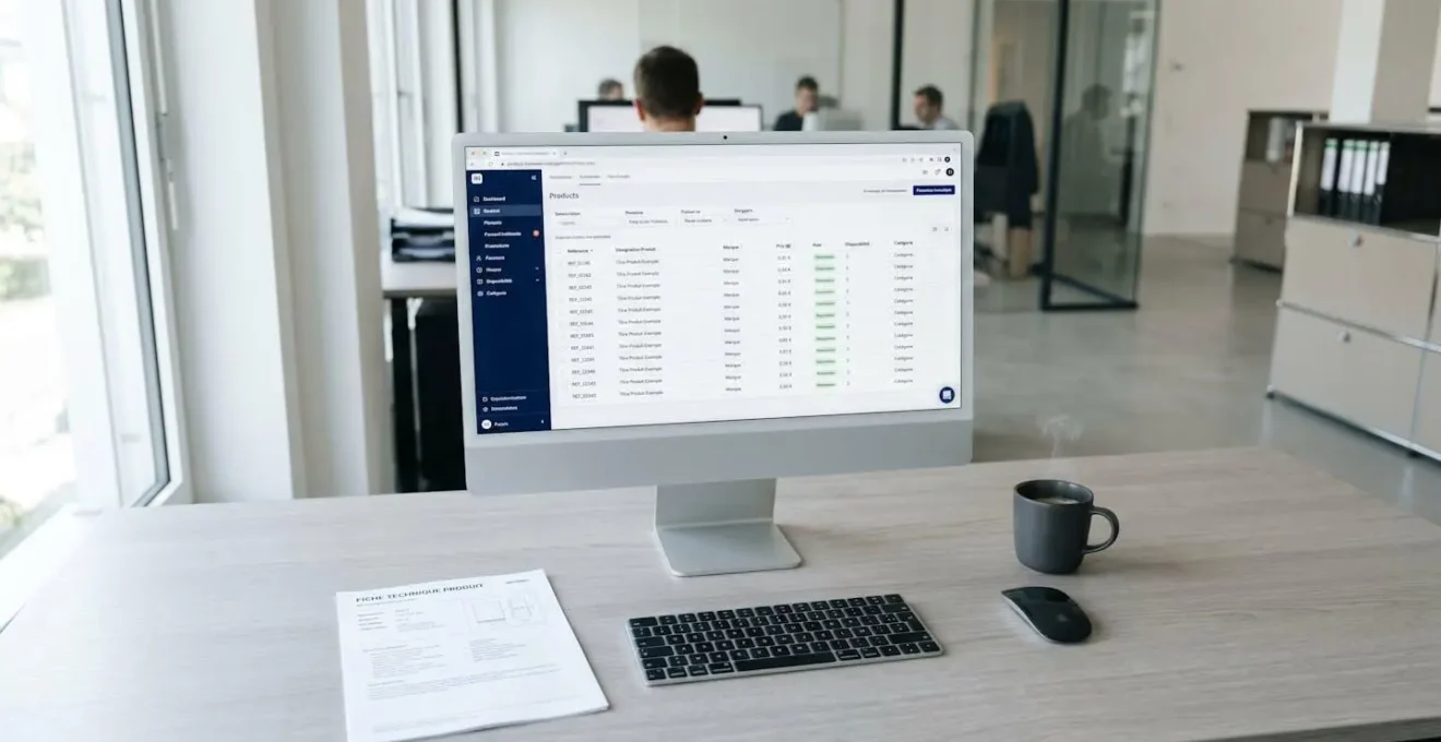 Bureau professionnel avec écran affichant interface logicielle PIM structurant données produits en lignes et colonnes, clavier, document papier avec références, dans environnement de travail contemporain lumineux