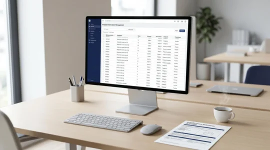 Bureau professionnel avec écran affichant interface logicielle PIM structurant données produits en lignes et colonnes, clavier, document papier avec références, dans environnement de travail contemporain lumineux