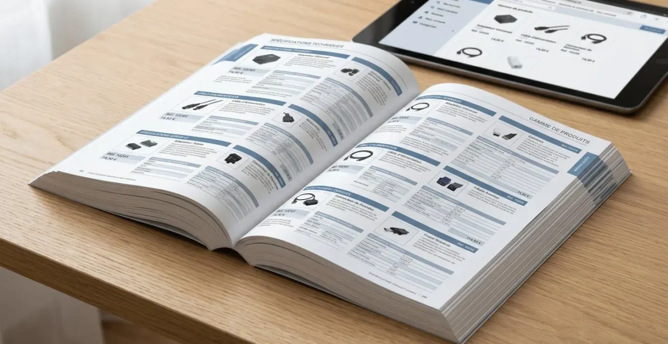 Catalogue produit professionnel ouvert de 400 pages avec grille structurée de fiches techniques et prix, posé sur bureau contemporain avec tablette affichant version numérique du catalogue