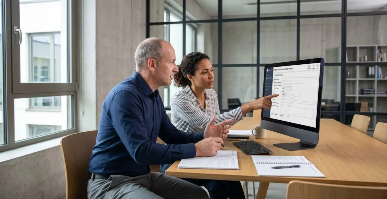 Deux collaborateurs d'entreprise de négoce travaillant ensemble devant écran affichant formulaire d'enrichissement de fiche produit avec attributs techniques, dans salle de réunion moderne