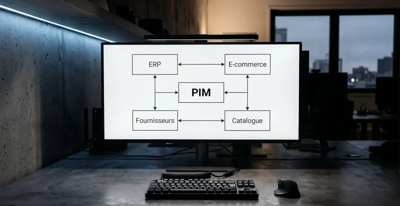 Écran d'ordinateur affichant schéma d'architecture technique avec bloc central PIM connecté par flèches aux systèmes ERP, e-commerce, fournisseurs et catalogue, clavier au premier plan